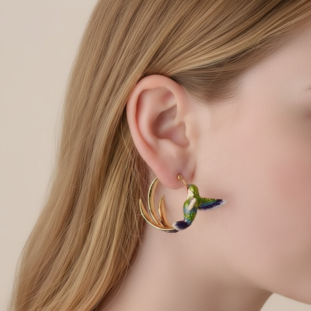 Vintage Enamel Hummingbird Hoop Earrings