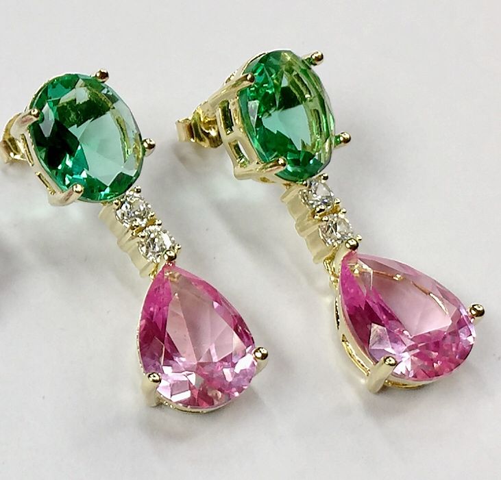 Vintage Pink Drop Green Zirconia Earrings