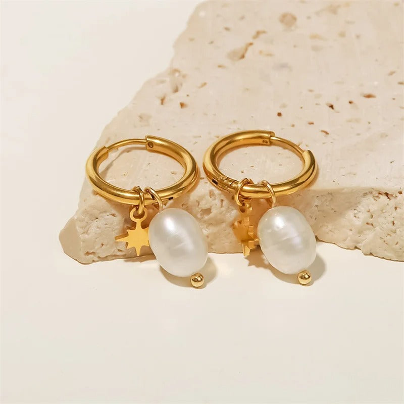 Vintage Gold Star Charm & White Pearl Hoop Earrings