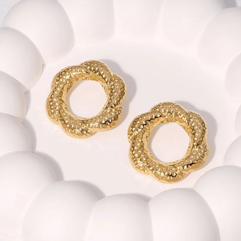 Vintage Gold Hammered Flower Hoop Earrings