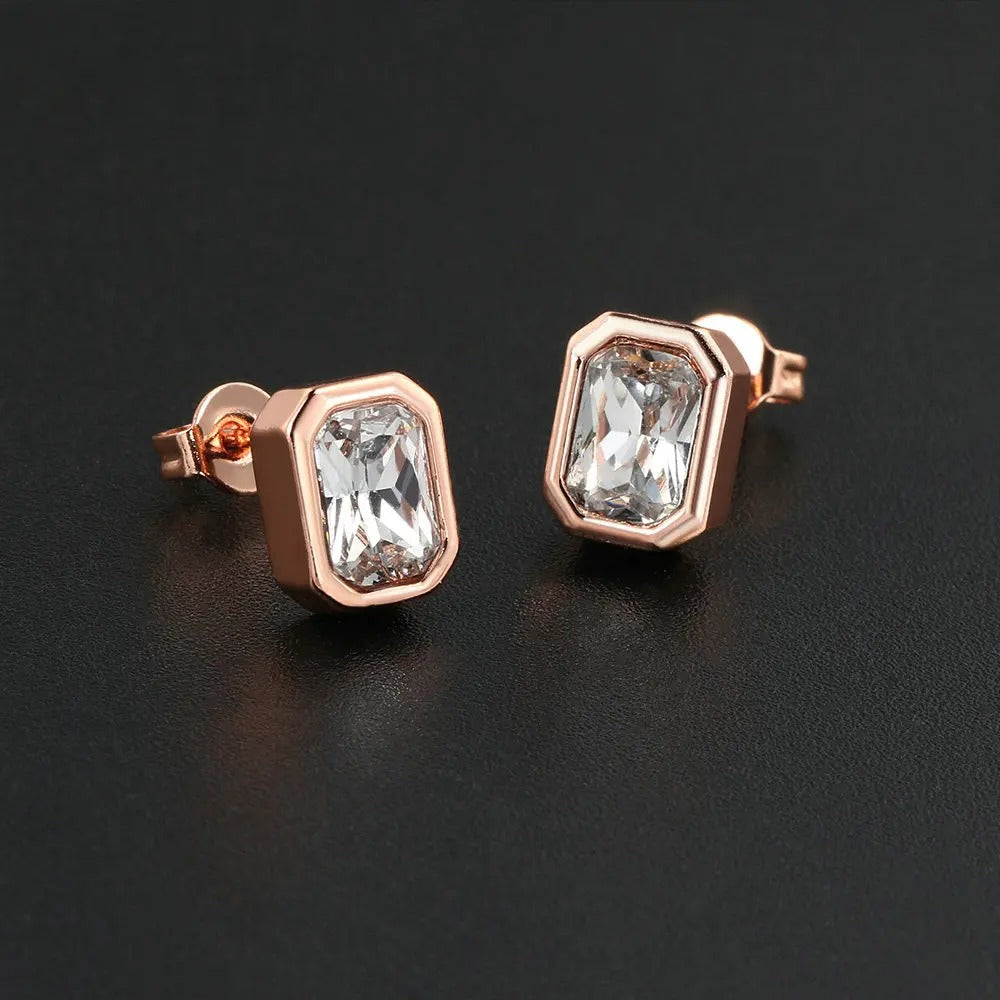 Vintage Rose Gold Rectangular-Cut Crystal Earrings