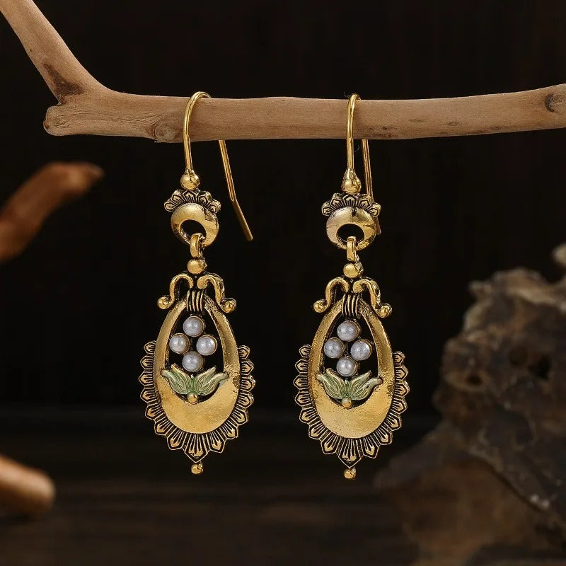Handcrafted Gold Floral Pearl Earrings