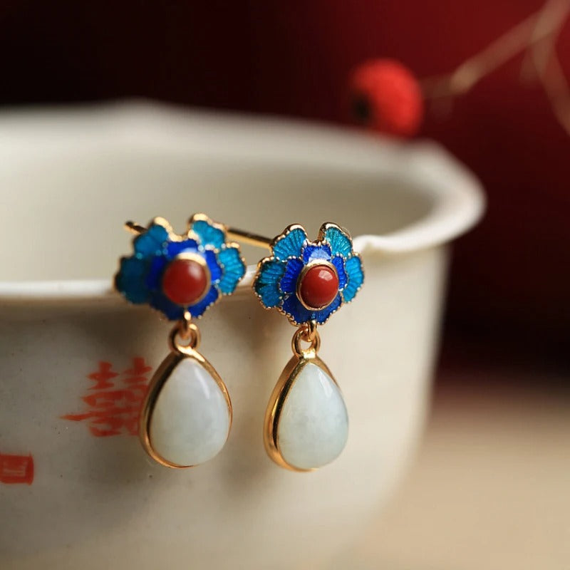 Retro Gold & Blue Floral Red White Gemstone Drop Earrings