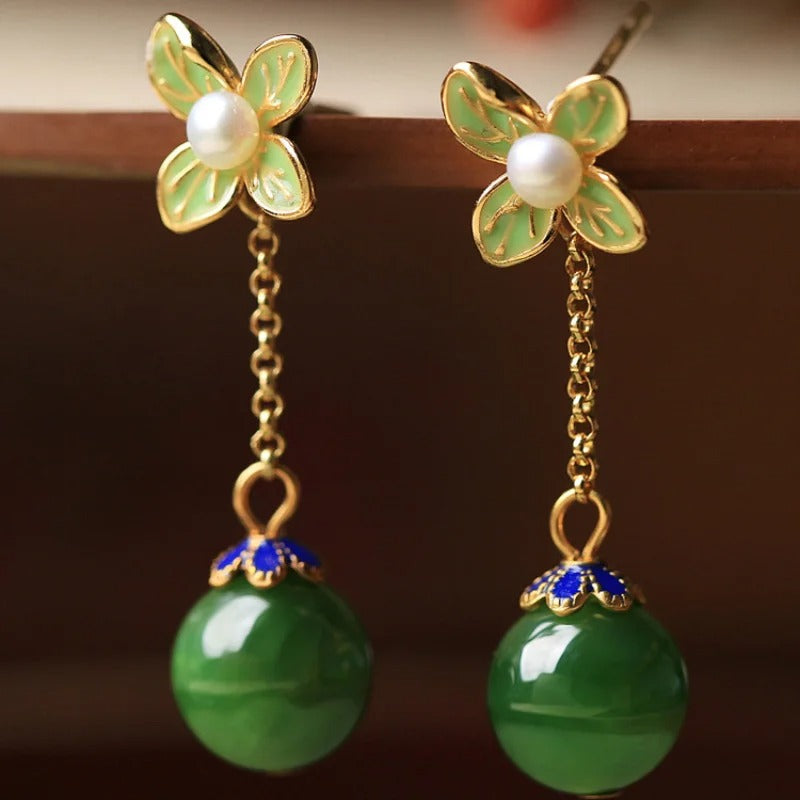 Vintage Gold Pearl Fresh Flower & Green Gemstone Earrings