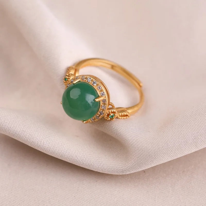 Vintage Gold Green Gemstone & Shiny Crystal Adjustable Ring