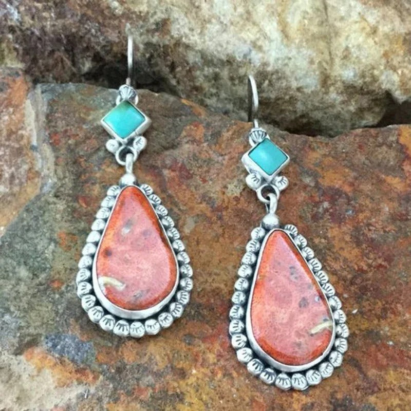 Silver Orange Coral & Blue Turquoise Earrings