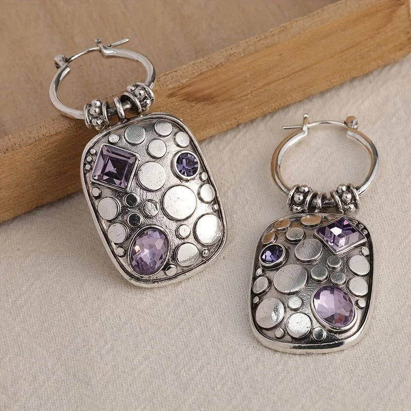 Vintage Silver Amethyst Hoop Earrings