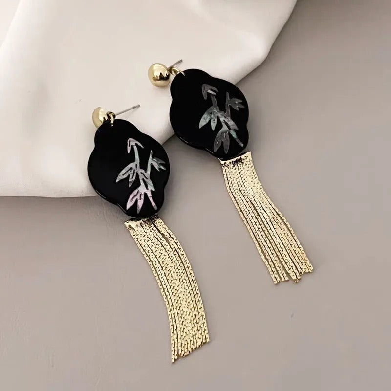 Vintage Black & Gold Tassel Bamboo Dangle Earrings