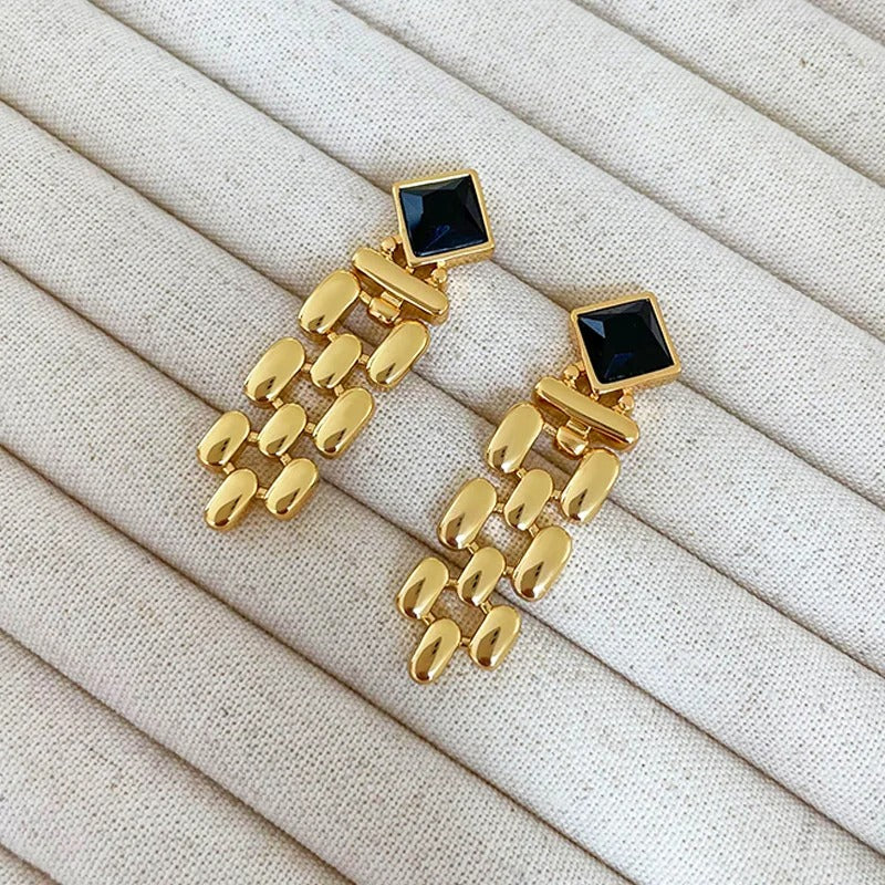 Vintage Gold Long Tassel Black Crystal Stud Earrings