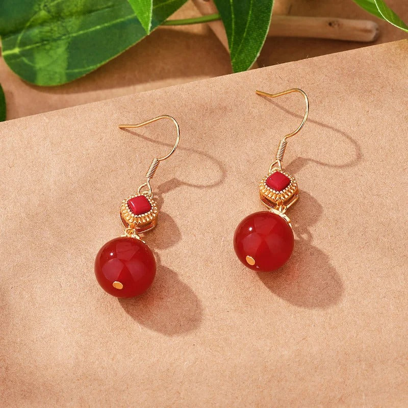 Vintage Gold & Red Gemstone Round Bead Dangle Earrings