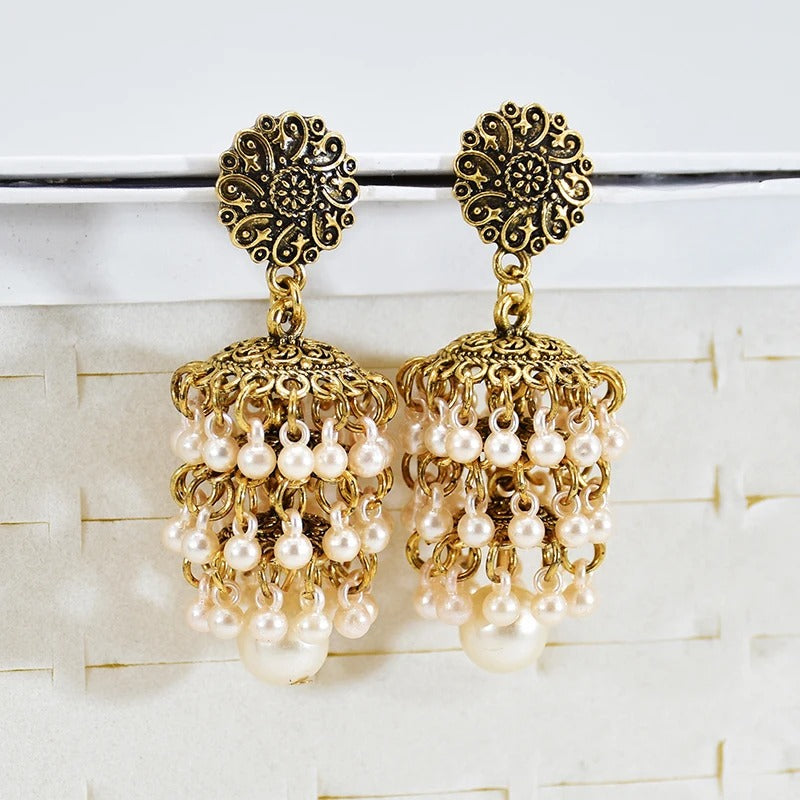 Handmade Gold Pearl Bead Tassel Earrings