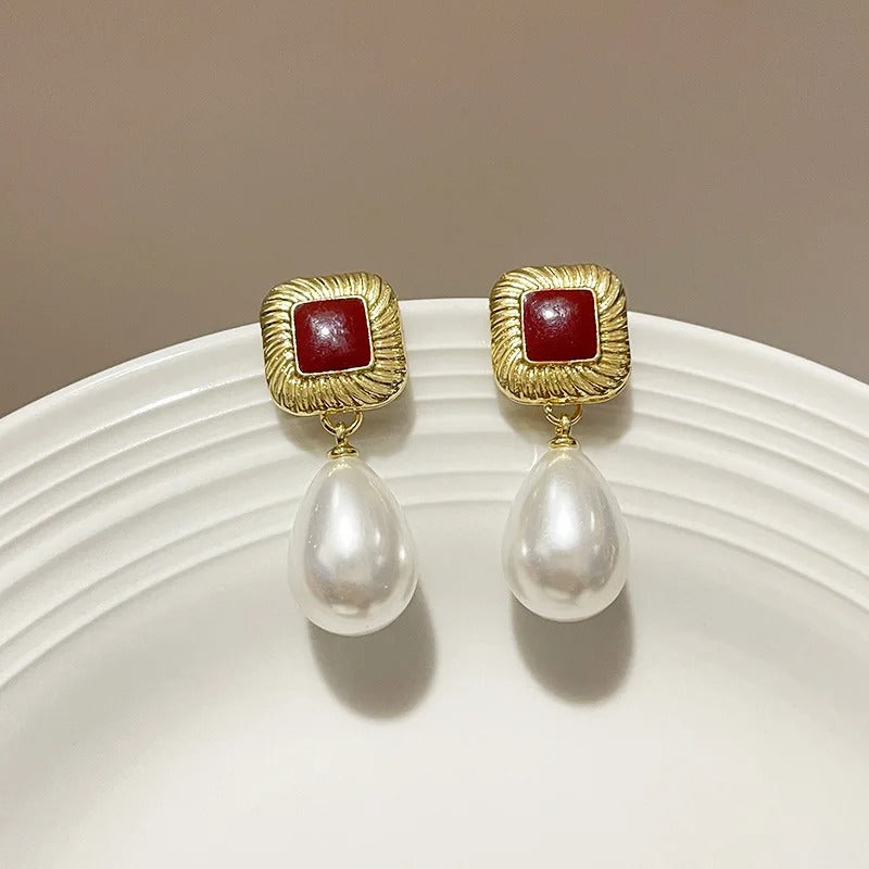 Vintage Gold Square Red Stone & Pearl Dangle Earrings