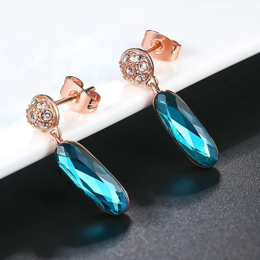 Vintage Rose Gold Teal Crystal Charm Drop Earrings