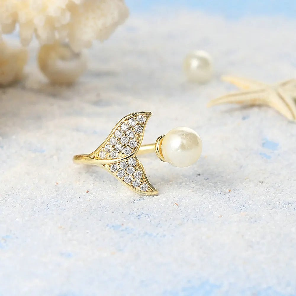 Gold Mermaid Tail Shimmering Pearl Accent Ring