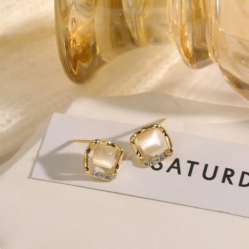 Vintage Gold Square Pearl Opal Earrings