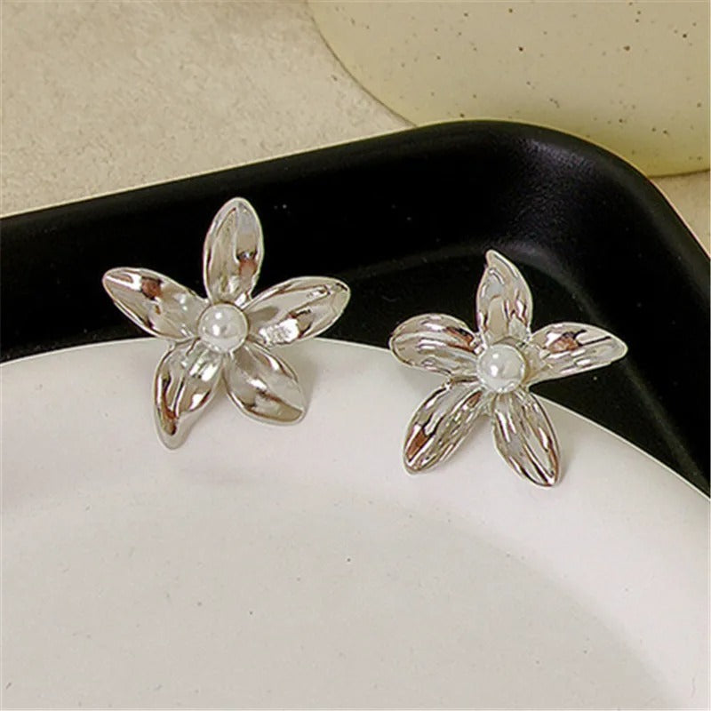Classic Silver Flower White Pearl Accent Earrings