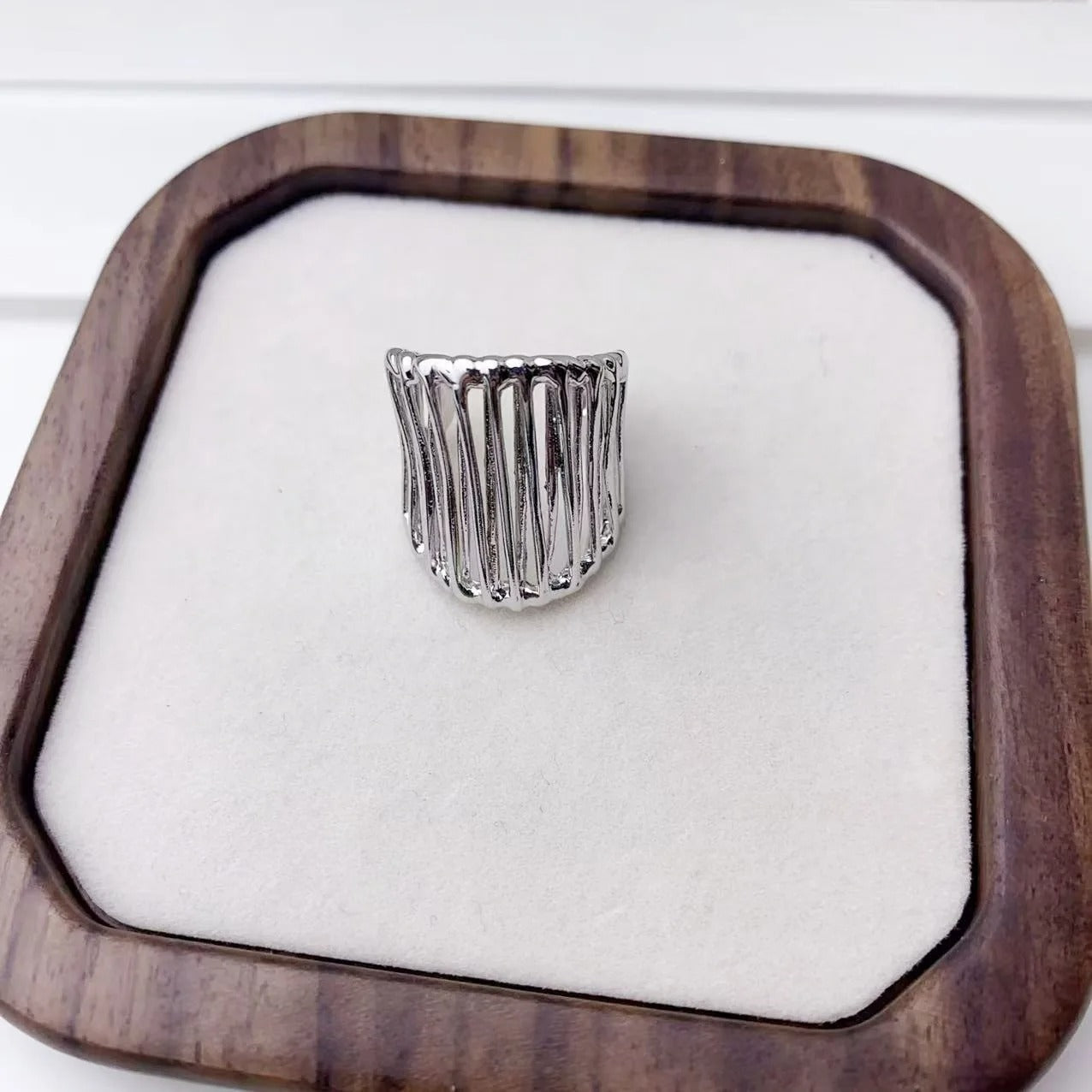 Silver Ribbed Statement Adjustable Ring