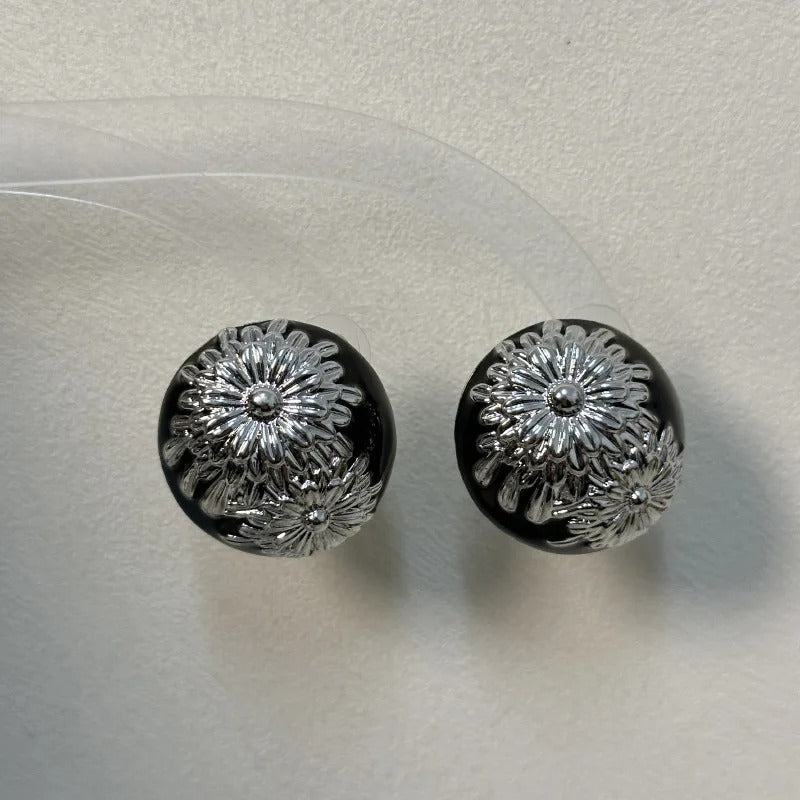 Classic Black Vintage Silver Flower Design Earrings