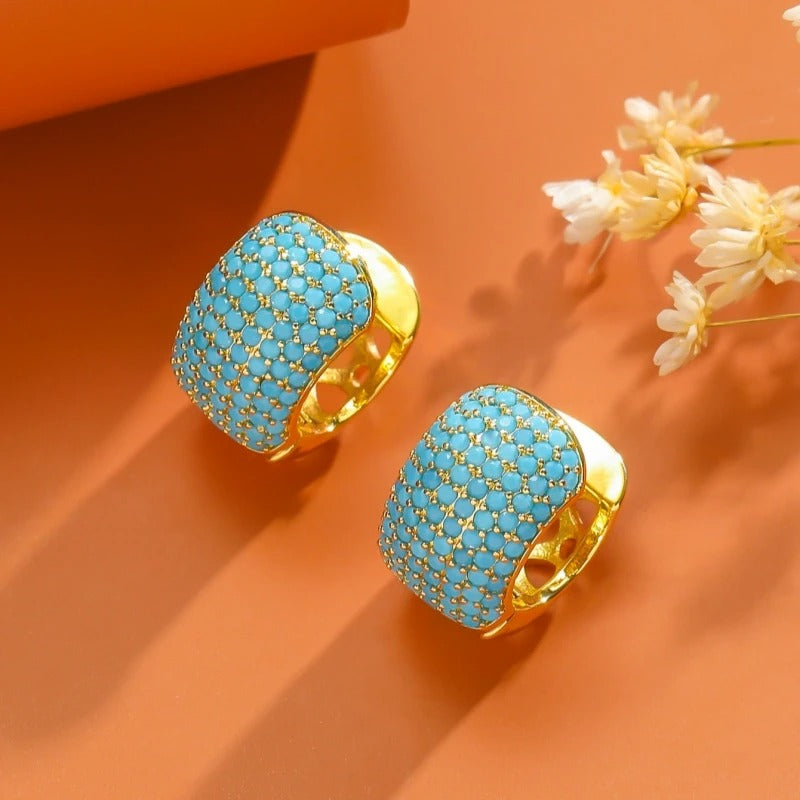 Vintage Blue Turquoise Gold Hoop Earrings