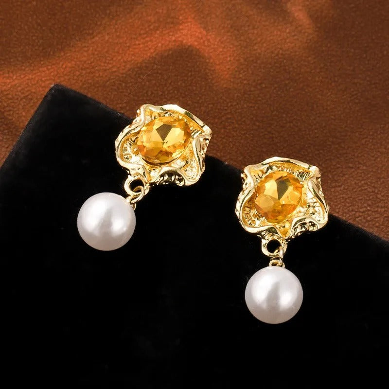 Gold Yellow Gemstone Pearl Earrings