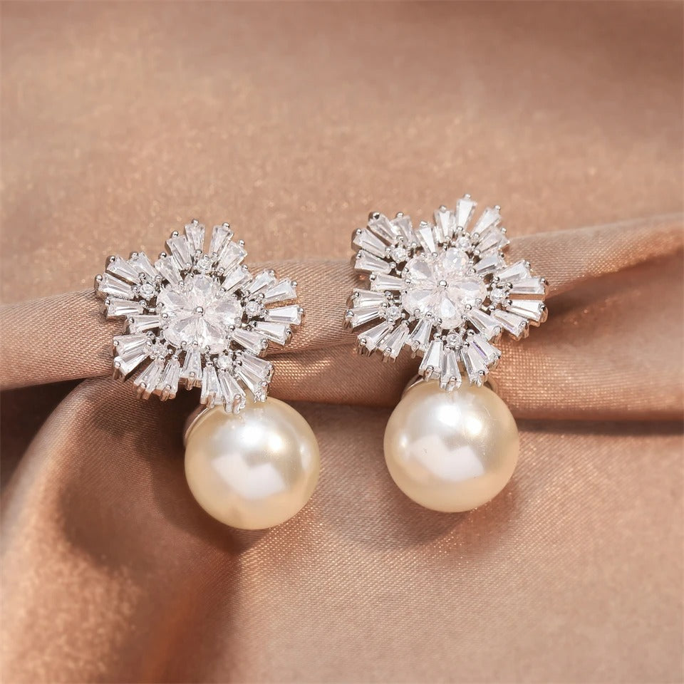Vintage Snowflake Pearl Drop Earrings