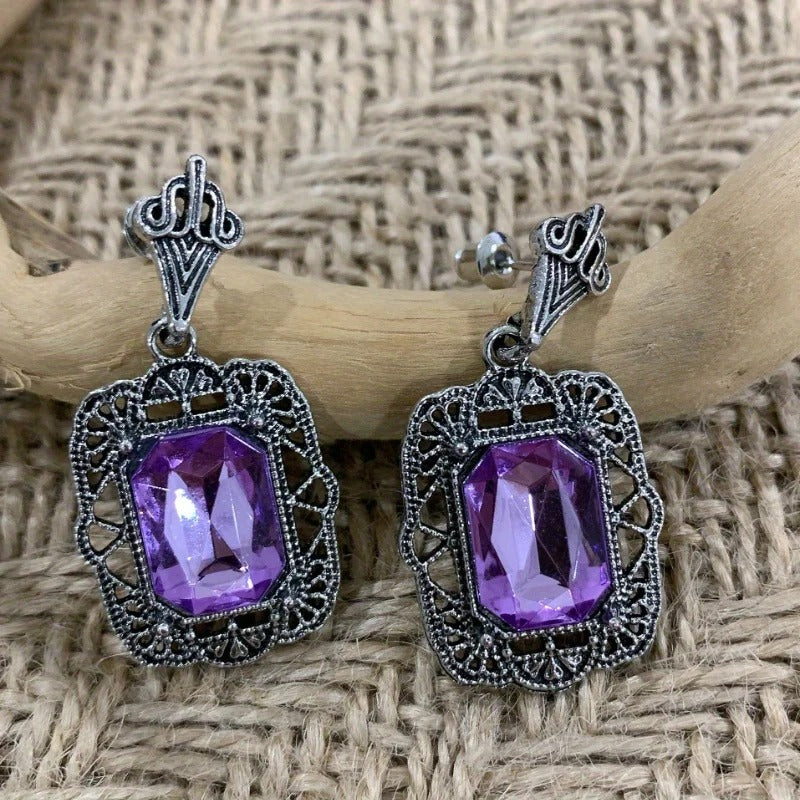 Ornate Silver Purple Crystal Statement Earrings