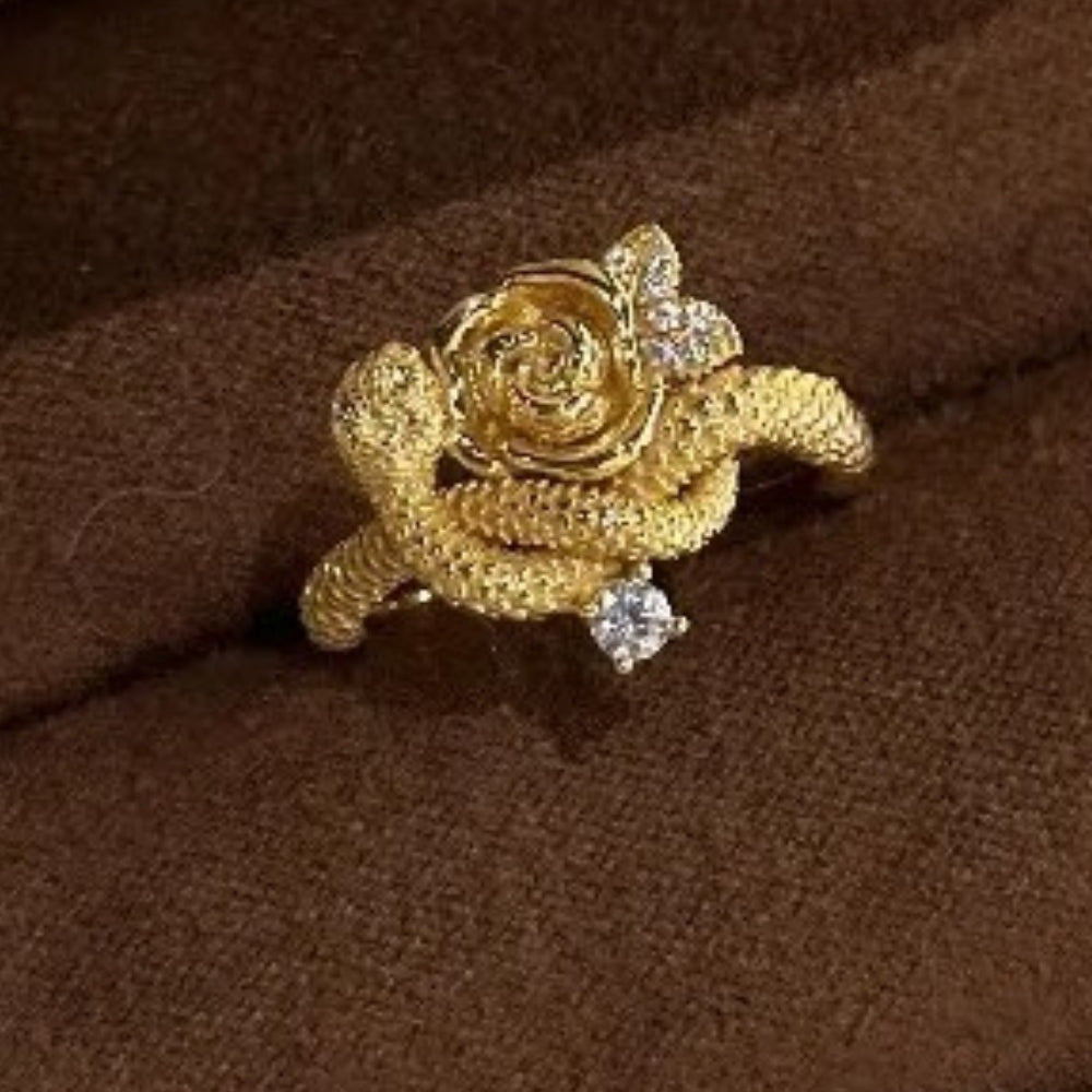 Classic Gold Snake Entwined Rose Flower Adjustable Ring