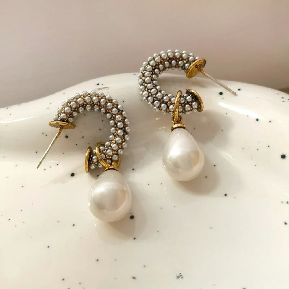 Vintage Pearl Drop Beaded Hoop Earrings