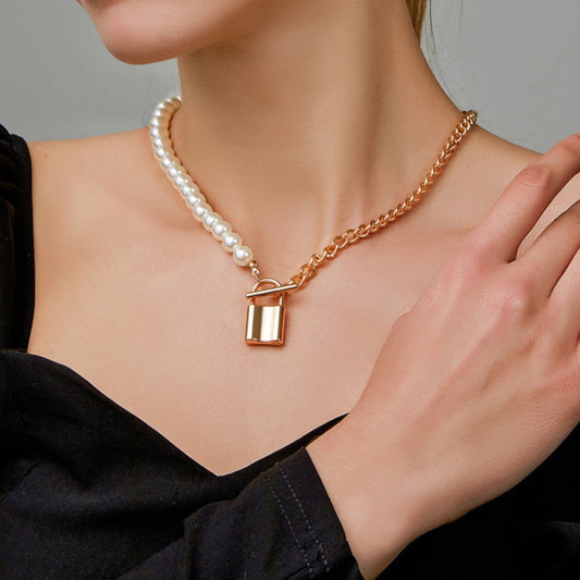 Golden Padlock Necklace with Freshwater Pearls | Sustainable Ocean-Inspired Jewelry