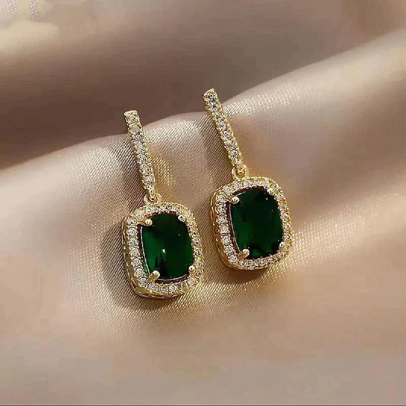 Green Crystal Earrings with Zirconia in Gold