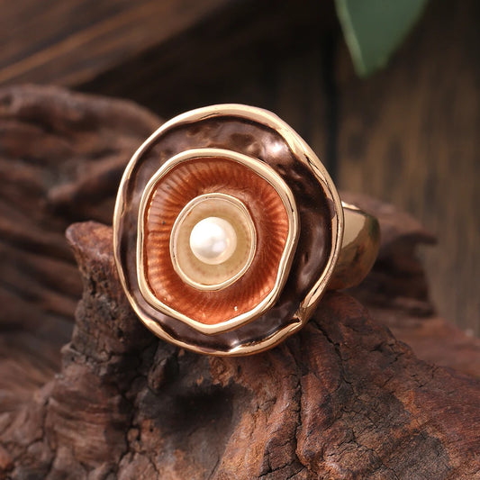 Vintage Gold Pearl Flower Adjustable Ring