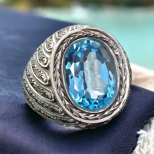 Vintage Blue Crystal Seal Silver Ring | Sustainable Ocean-Inspired Jewelry