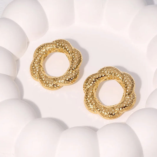 Vintage Gold Hammered Flower Hoop Earrings