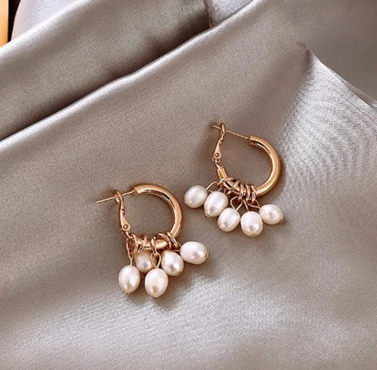 Vintage Gold & Pearl Drop Hoop Earrings