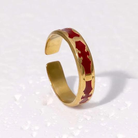 Vintage Gold Sleek Red Inlay Adjustable Ring