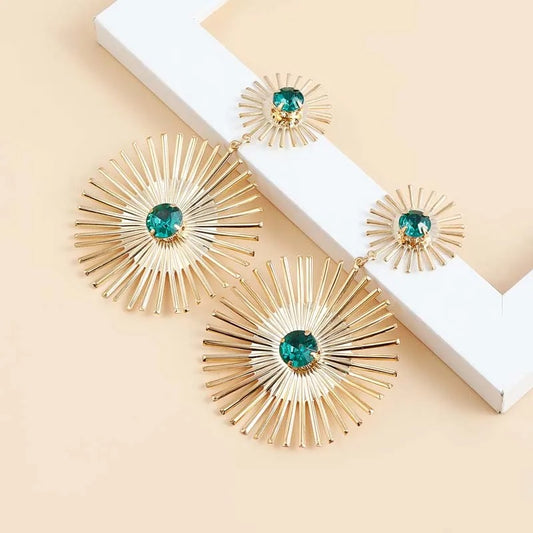 Gold Sunburst Turquoise Long Spikes Earrings