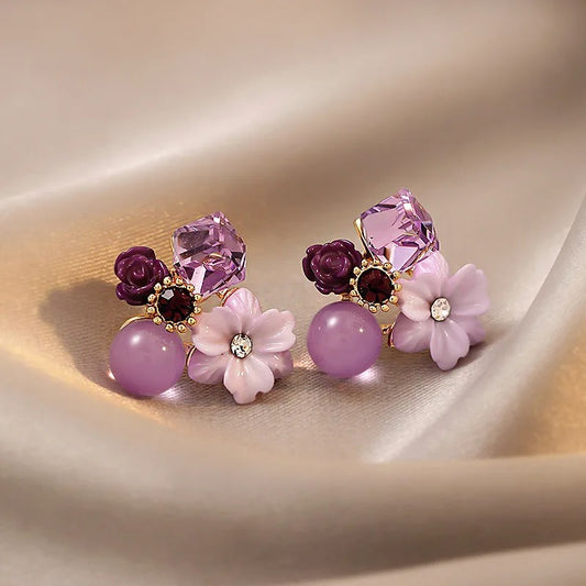 Vintage Floral & Crystal Lavender Earrings