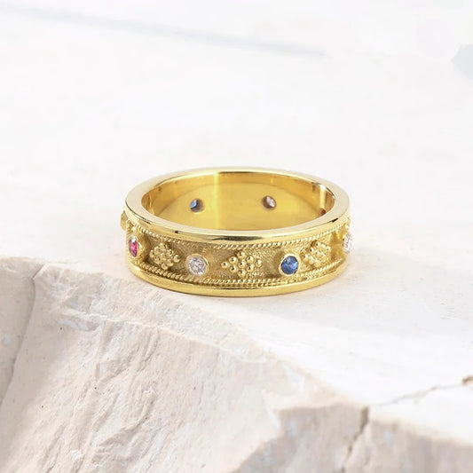 Vintage Gold Colorful Stone Band Ring