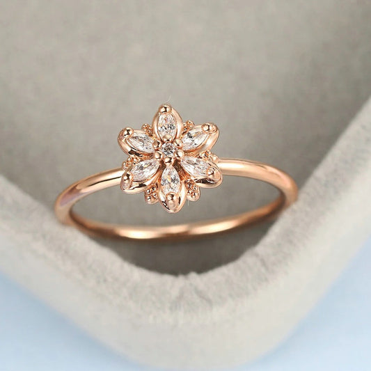 Rose Gold Flower Design & Sparkling Crystal Ring