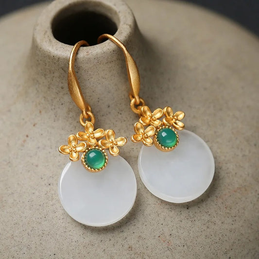 Vintage Gold & Round Green Gemstone Flower Drop Earrings