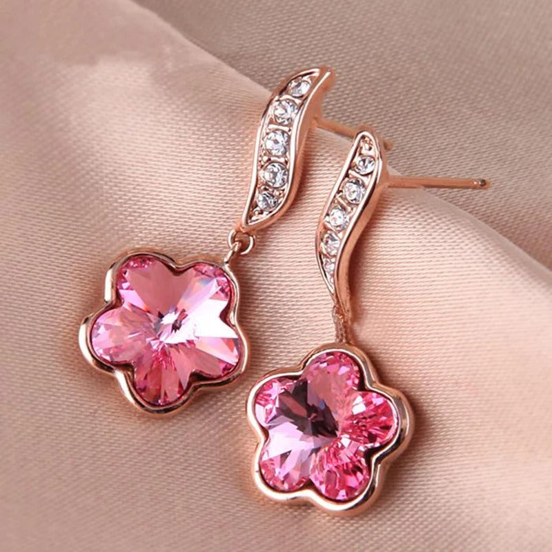 Sparkling Pink Crystal Charming Floral Earrings