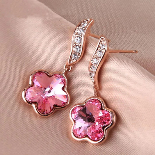 Sparkling Pink Crystal Charming Floral Earrings
