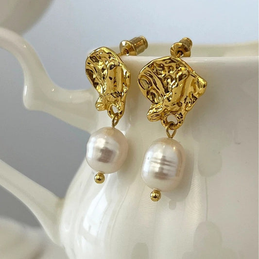 Gold Ear Cuff Pearl Drop Earrings
