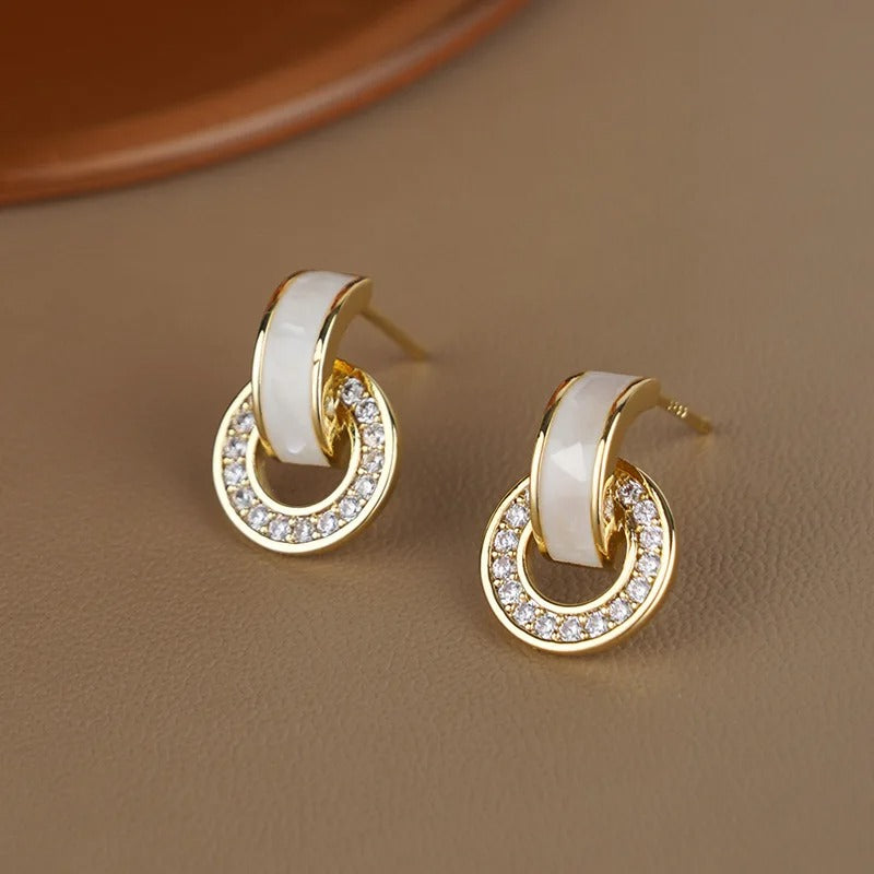 Gold & White Sparkling Crystal Hoop Earrings