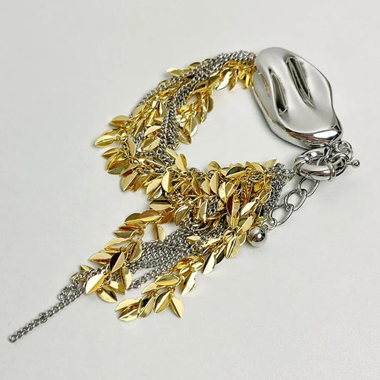 Vintage Gold & Silver Adjustable Leaf Charm Bracelet