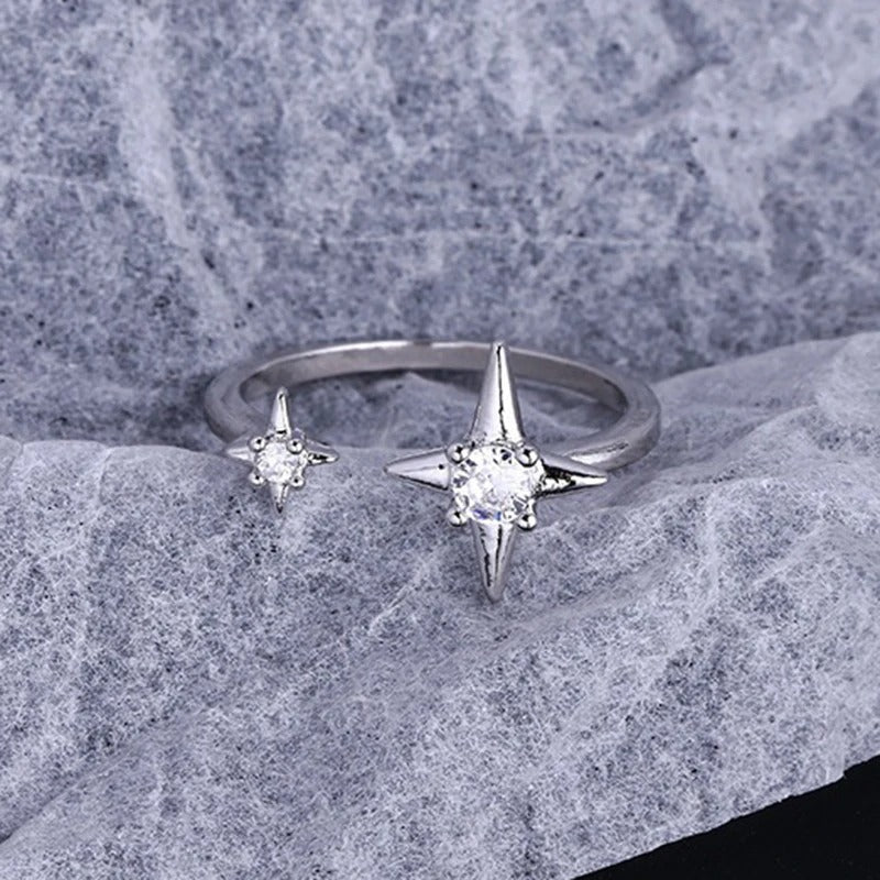 Classic Silver Dual Star & Clear Stone Adjustable Ring