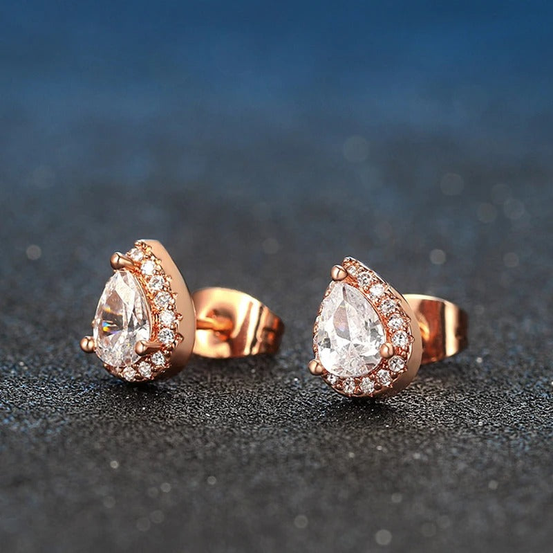 Rose Gold Pear-Cut Crystal & Sparkling Border Drop Earrings