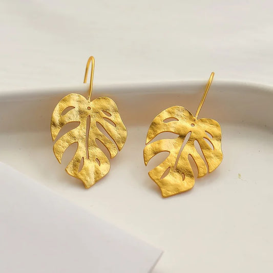 Vintage Gold Monstera Leaf Earrings