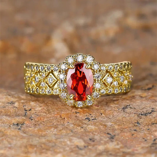 Vintage Gold Oval Red Gemstone Halo Ring
