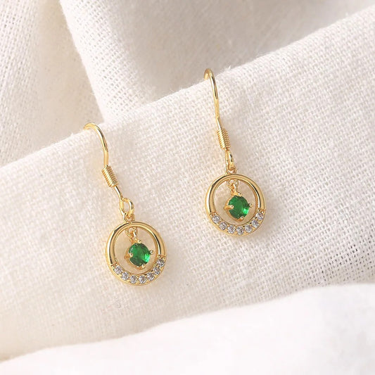 Vintage Gold Green Stone & Sparkling Halo Drop Earrings